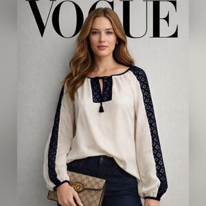 St. John Cream and Navy Satin Silky Blouse with Geometric Accents